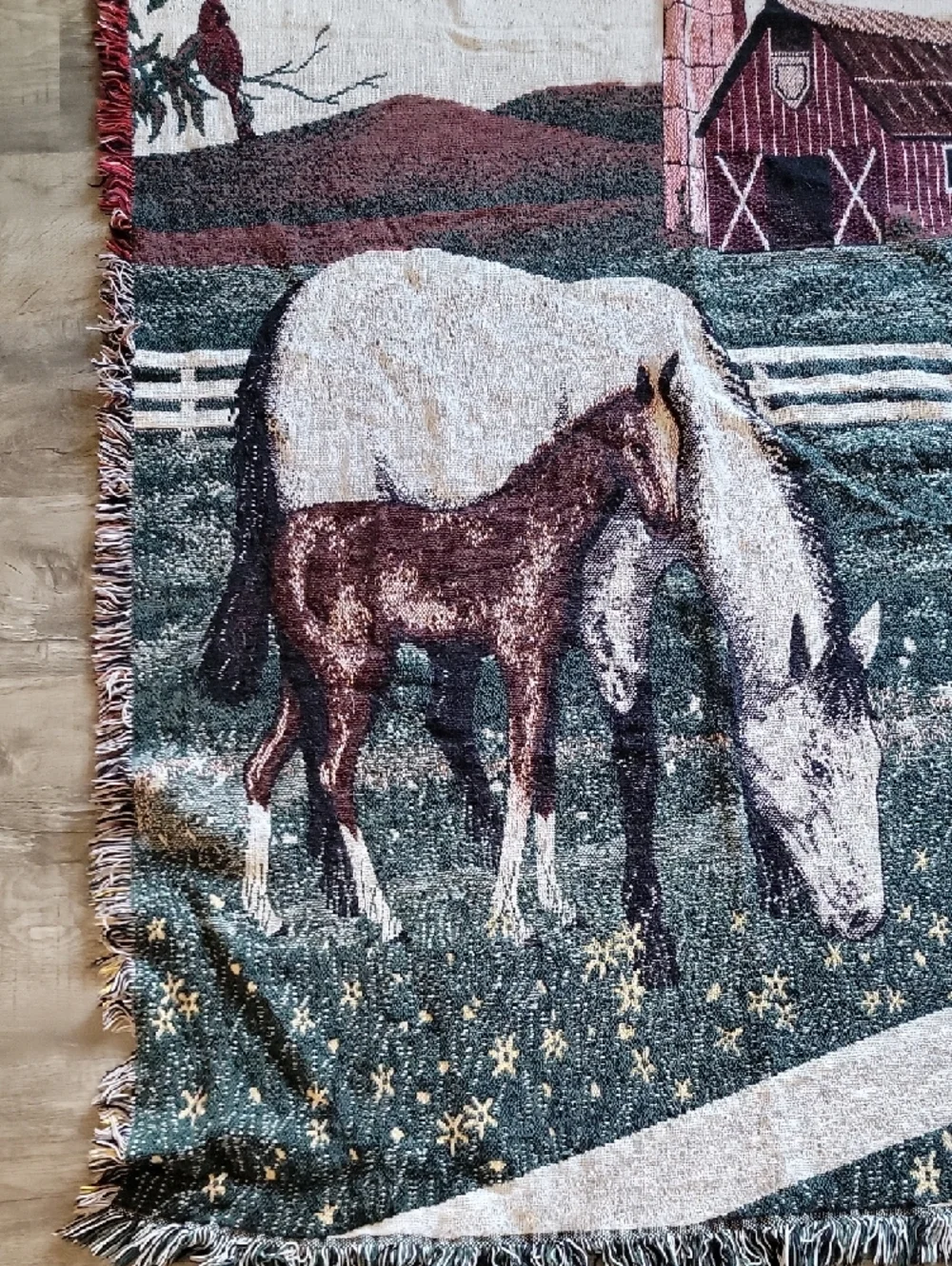 Vintage 90s Horse & Foal Farm Tapestry Throw - Green, Brown, White